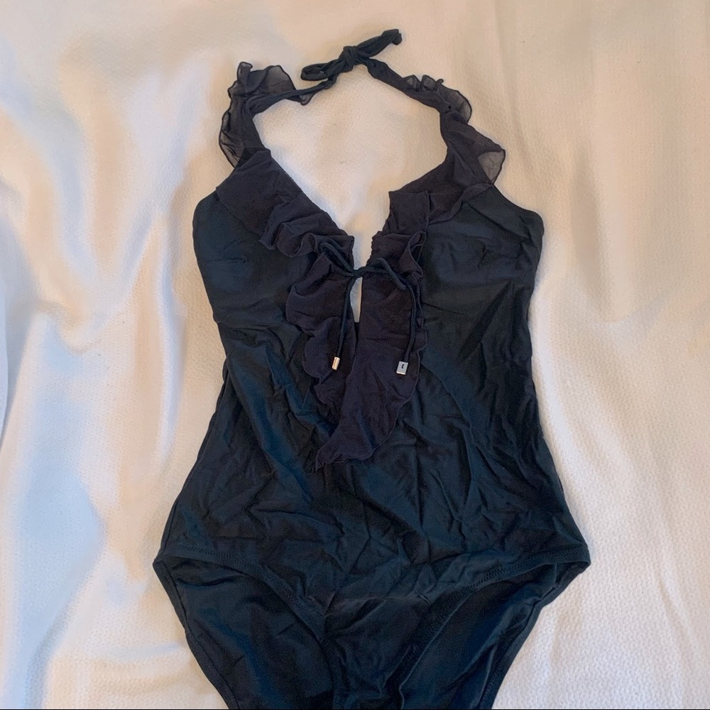 One piece black swim suit ruffle detail size 12